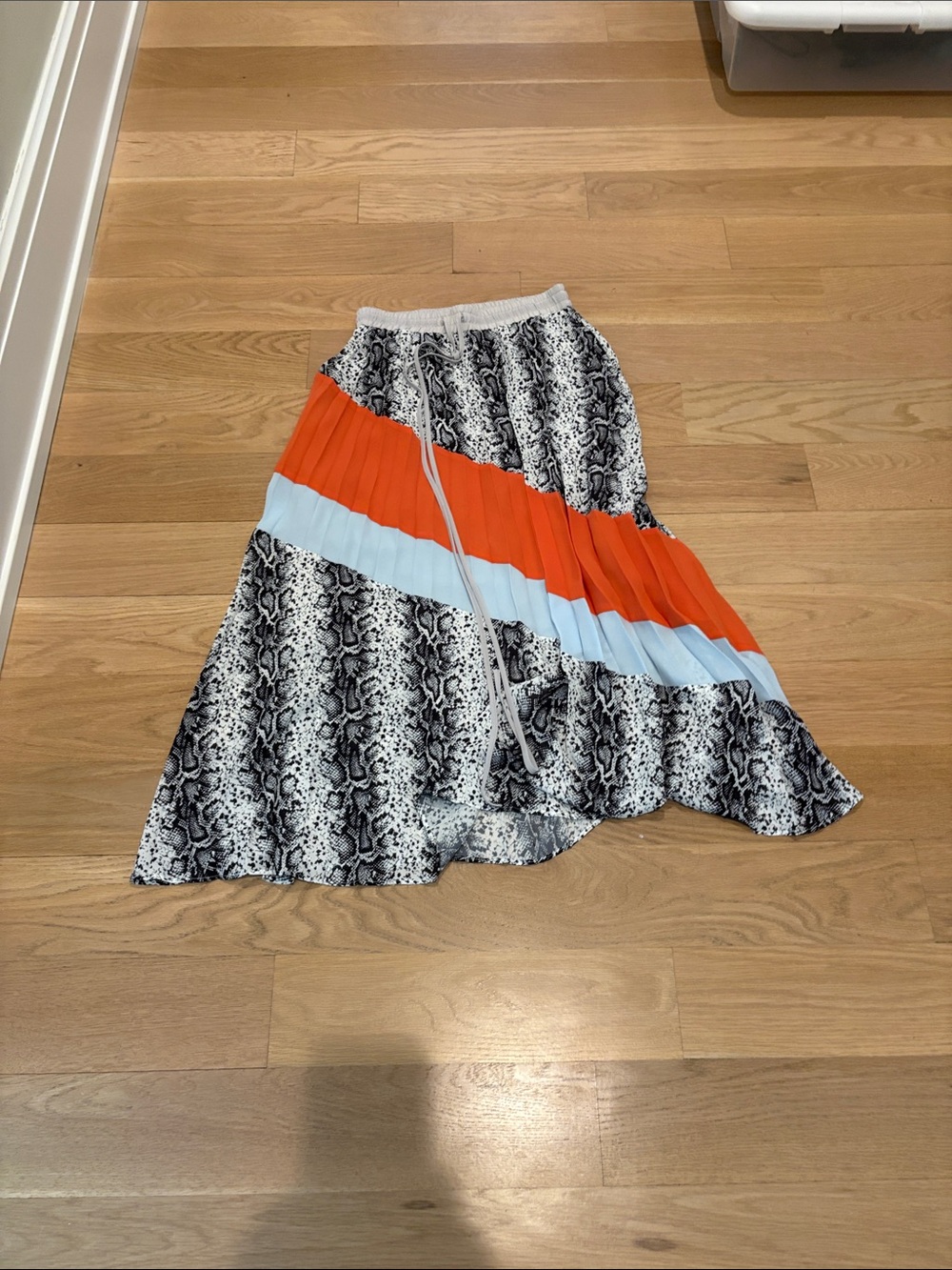 Pleated Mixed-Print Skirt with Orange and Light Blue Panels